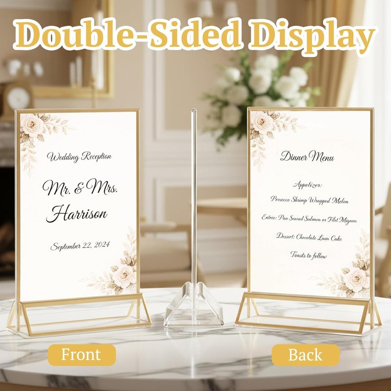 EHWINE 12 Pack Acrylic Sign Holder 5 x 7, Double Sided Gold Picture Frame Stand up Table Top Sign Holders, Clear Display Stand Menu Flyer Holder for Wedding Party (Provide Non-slip Mats) - Image 3